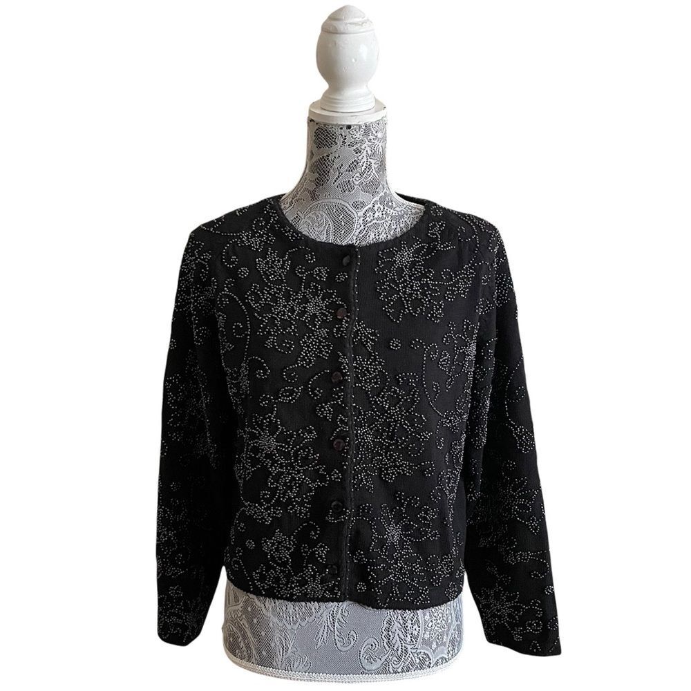 Vintage 90s Michael Simon NY Beaded Floral Button Front Sweater Black Si…